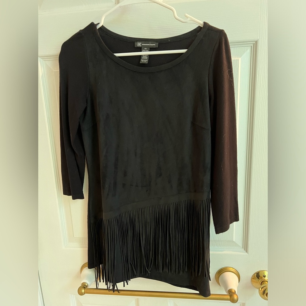 Inc Faux Suede Sweater with Fringe- XS